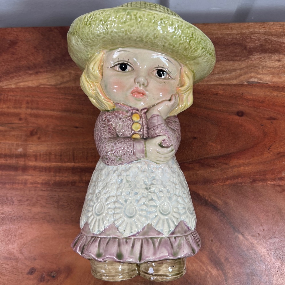 Vintage Ceramic Girl Figurine Green Sun Hat Purple Cardigan 8.5 Inch Figurine